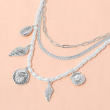 Metal Seashell Puka Shell Charm Station Pearl Herringbone Paperclip Chain Layered Necklace