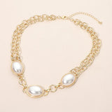 Oval Pearl Cabochon Link Layered Chain Necklace