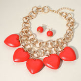 Chunky Wooden Heart Charm Station Layered Chain Necklace