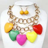 Chunky Wooden Heart Charm Station Layered Chain Necklace