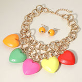 Chunky Wooden Heart Charm Station Layered Chain Necklace