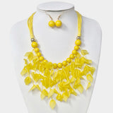 Bold Leaf Fringe Embellished Multi Cord Statement Necklace