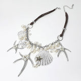 Pearl Embellished Starfish Shell Pendant Beaded Statement Necklace