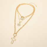 Cross Stone Center Disc Rhinestone Pave Open Oval Pendant Accent Layered Statement Necklace