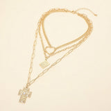 Hammered Metal Pearl Center Cross Bible Book Open Heart Pendant Accent Layered Statement Necklace