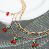 Enamel Cherry Charm Station Layered Necklace