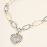 14K Gold Plated Two Tone Oval Link CZ Pave Heart Pendant Necklace