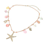Starfish Seashell Pearl Charm Station Braided Thread Chain Necklace