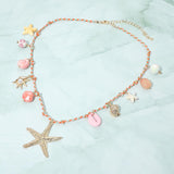 Starfish Seashell Pearl Charm Station Braided Thread Chain Necklace