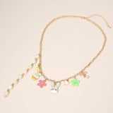 Easter Bunny Chick Flower Pearl Heart Charm Station Necklace