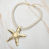 Hammered Metal Starfish Pendant Accent Bold Rope Chain Statement Necklace