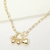 14K Gold Plated Heart Ring Pearl Charm Pendant Paperclip Chain Necklace