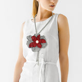 Women's Pearl Centered Bling Studded Flower Pointed Bolo Tie Statement Necklace