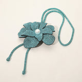 Women's Pearl Centered Bling Studded Flower Pointed Bolo Tie Statement Necklace