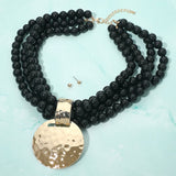 Bold Hammered Disc Plate Pendant Accent Multi Strand Beaded Statement Necklace
