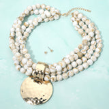 Bold Hammered Disc Plate Pendant Accent Multi Strand Beaded Statement Necklace