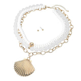 Bold Seashell Pendant Accent Multi Layered Beaded Chain Statement Necklace