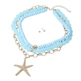 Bold Starfish Pendant Accent Multi Layered Beaded Chain Statement Necklace