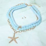 Bold Starfish Pendant Accent Multi Layered Beaded Chain Statement Necklace