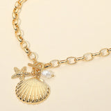 Women's Seashell Starfish Pearl Charm Toggle Chunky Chain Statement Necklace