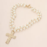 Bold Hammered Metal Cross Pendant Pearl Beaded Layered Necklace