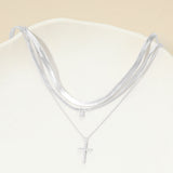 White Gold Dipped Stone Pave Cross Pendant Accent Layered Herringbone Chain Necklace