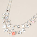 Metal Key Fish Bow Heart Butterfly Leaf Puka Shell Pearl Flower XO Evil Eye Charm Station Double Layered Necklace