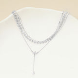 White Gold Dipped Marquise Stone Cluster Triangle Cluster Lariat Drop Accent Mixed Chain Layered Necklace