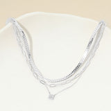White Gold Dipped Stone Pave Square Pendant Accent Herringbone Paperclip Chain Layered Necklace