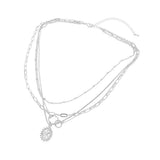 White Gold Dipped Oval Sunburst Charm Accent Mixed Chain Layered Necklace