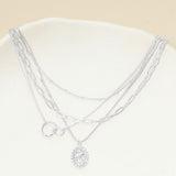 White Gold Dipped Oval Sunburst Charm Accent Mixed Chain Layered Necklace