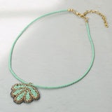 Felt Back Seed Beaded Shell Pendant Necklace