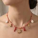 Stainless Steel Sunburst Coral Seahorse Shell Starfish Charm Station Braided Thread Necklace