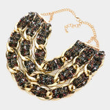 Tweed Fabric Metal Chain Link Triple Layered Bib Necklace
