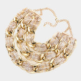 Tweed Fabric Metal Chain Link Triple Layered Bib Necklace