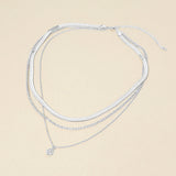 White Gold Dipped Teardrop Stone Bezel Accent Herringbone Chain Layered Necklace
