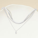 White Gold Dipped Teardrop Stone Bezel Accent Herringbone Chain Layered Necklace