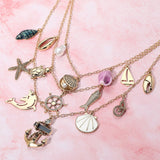 Anchor Sea Shell Pearl Dolphin Fish Rope Sea Turtle Charm Embellished Triple Layered Necklace