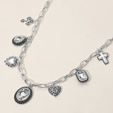 Antique Metal Oval Teardrop Rectangle Stone Cluster Metal Heart Cross Charm Station Necklace