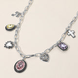 Antique Metal Oval Teardrop Rectangle Stone Cluster Metal Heart Cross Charm Station Necklace