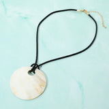 Round Mother of Pear Disc Pendant Faux Leather Cord Necklace