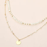 Metal Disc Pendant Pearl Beaded Layered Chain Necklace