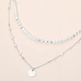 Metal Disc Pendant Pearl Beaded Layered Chain Necklace