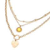 Heart Charm Round Stone Pendant Accent Layered Necklace