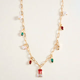 Christmas Pearl Charm Station Paperclip Chain Necklace
