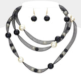 Pearl Accented Triple Layered Mesh Bib Necklace