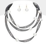 Pearl Accented Triple Layered Mesh Bib Necklace