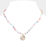 Evil Eye Accented Rhinestone Embellished Round Pendant Beaded Necklace