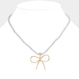 Faceted Beaded Brass Metal Wire Bow Pendant Necklace