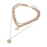 Round Evil Eye Square Pendant Wooden Beaded Multi Layered Necklace